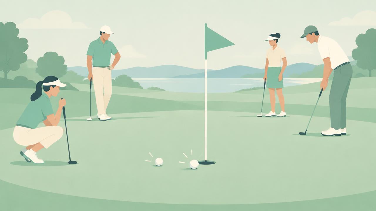 Four golfers on a green with two balls close to the hole