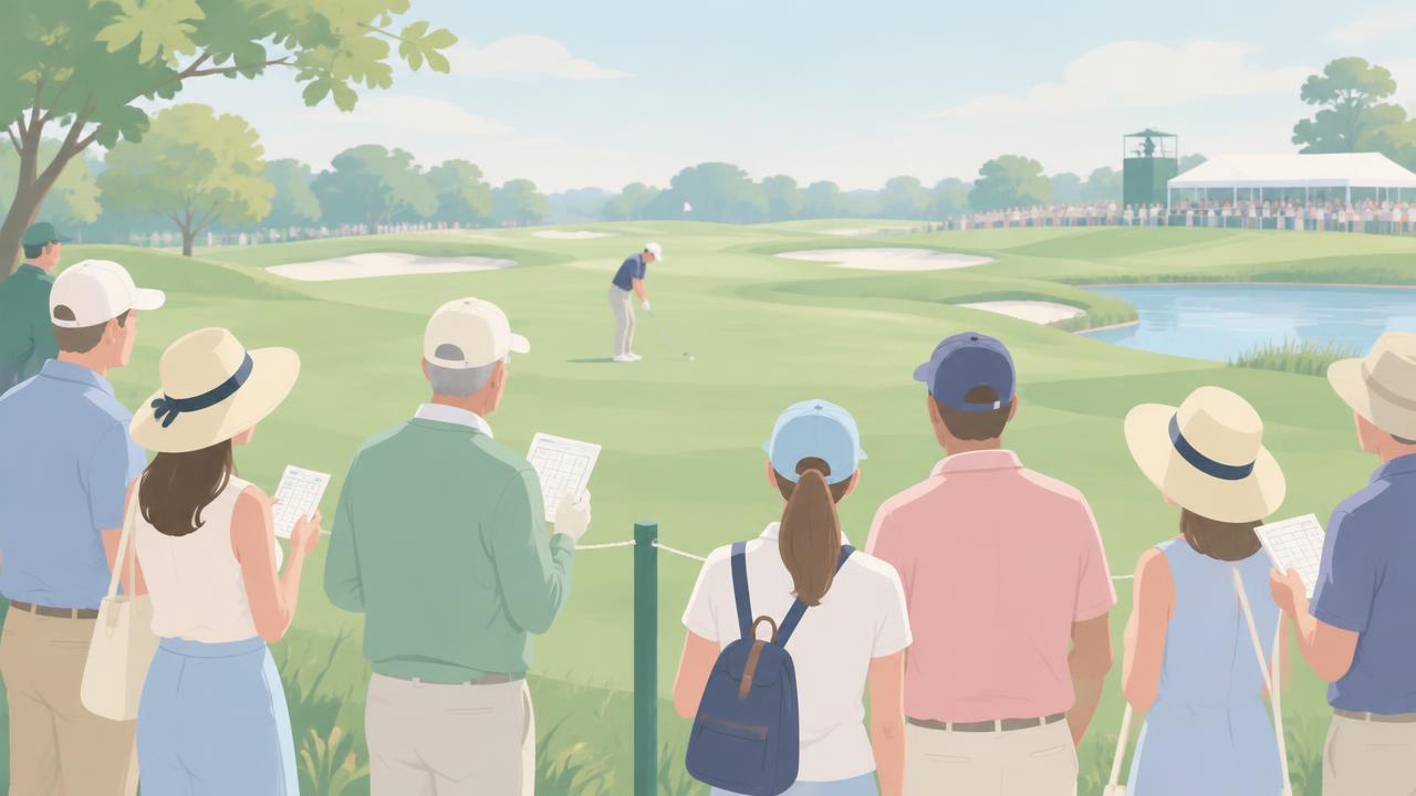 Spectators watching a golfer from behind the gallery rope
