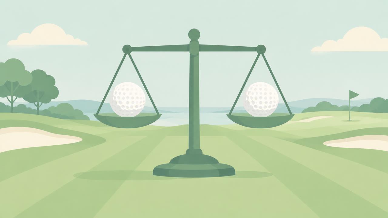 A balance scale holding two golf balls over a fairway