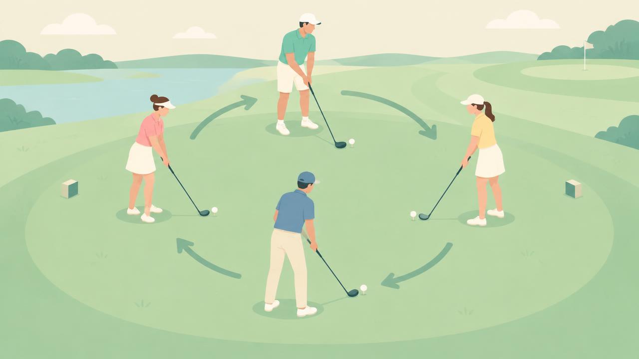 Four golfers on a tee with arrows showing the turn order