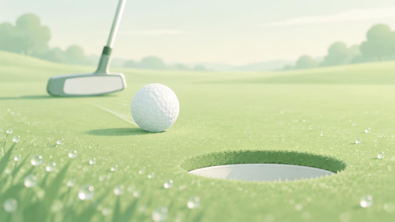 A golf ball rolling toward the hole with a putter behind it