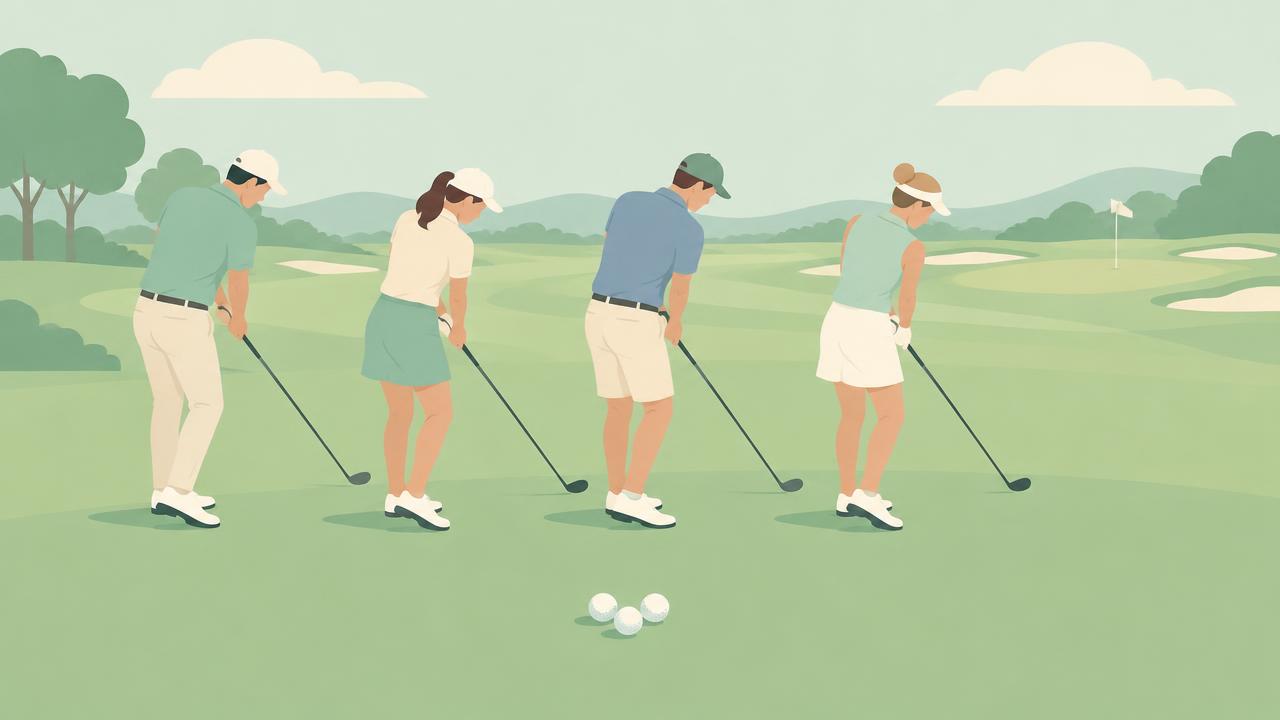 Four golfers hitting side by side from the same spot